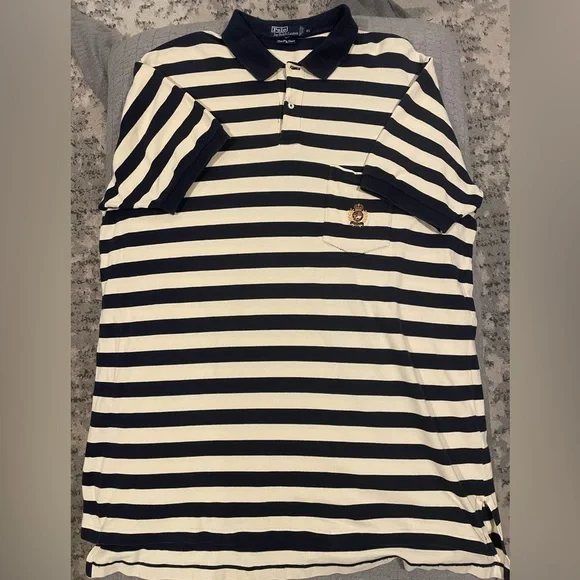 Polo Ralph Lauren Navy and Cream Striped The Big Shirt Polo Size XL With Crest - Picture 1 of 9